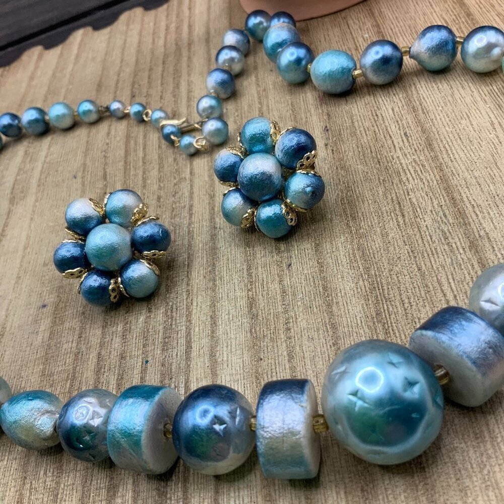 Japan Vintage Blue Gold Tone Cluster Earrings Beaded Necklace Set